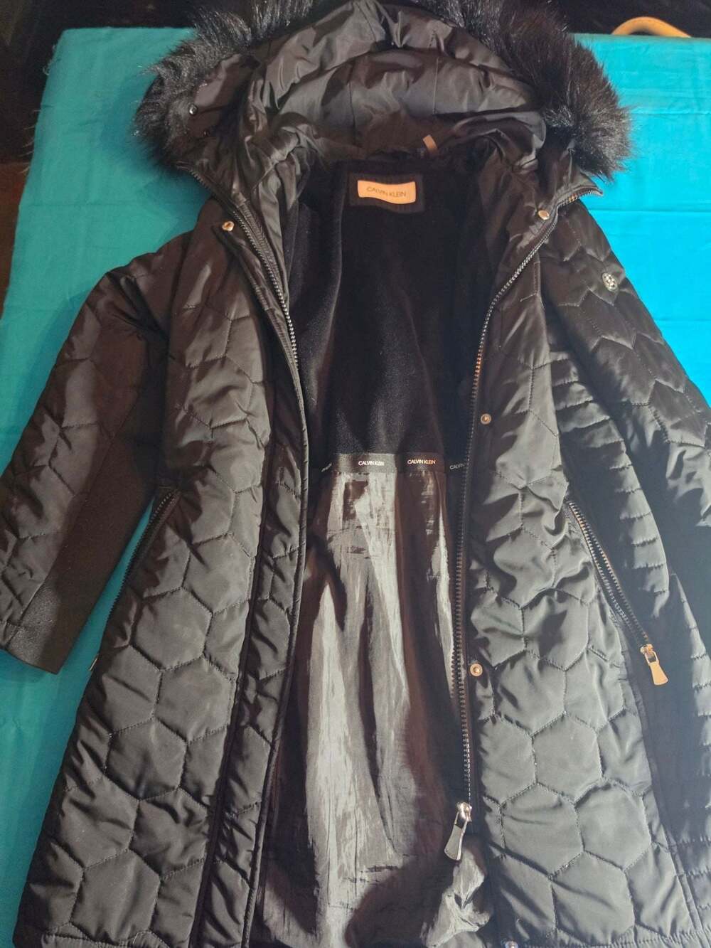 Calvin Klein Women's Black Quilted Winter Coat with Faux Fur Hood